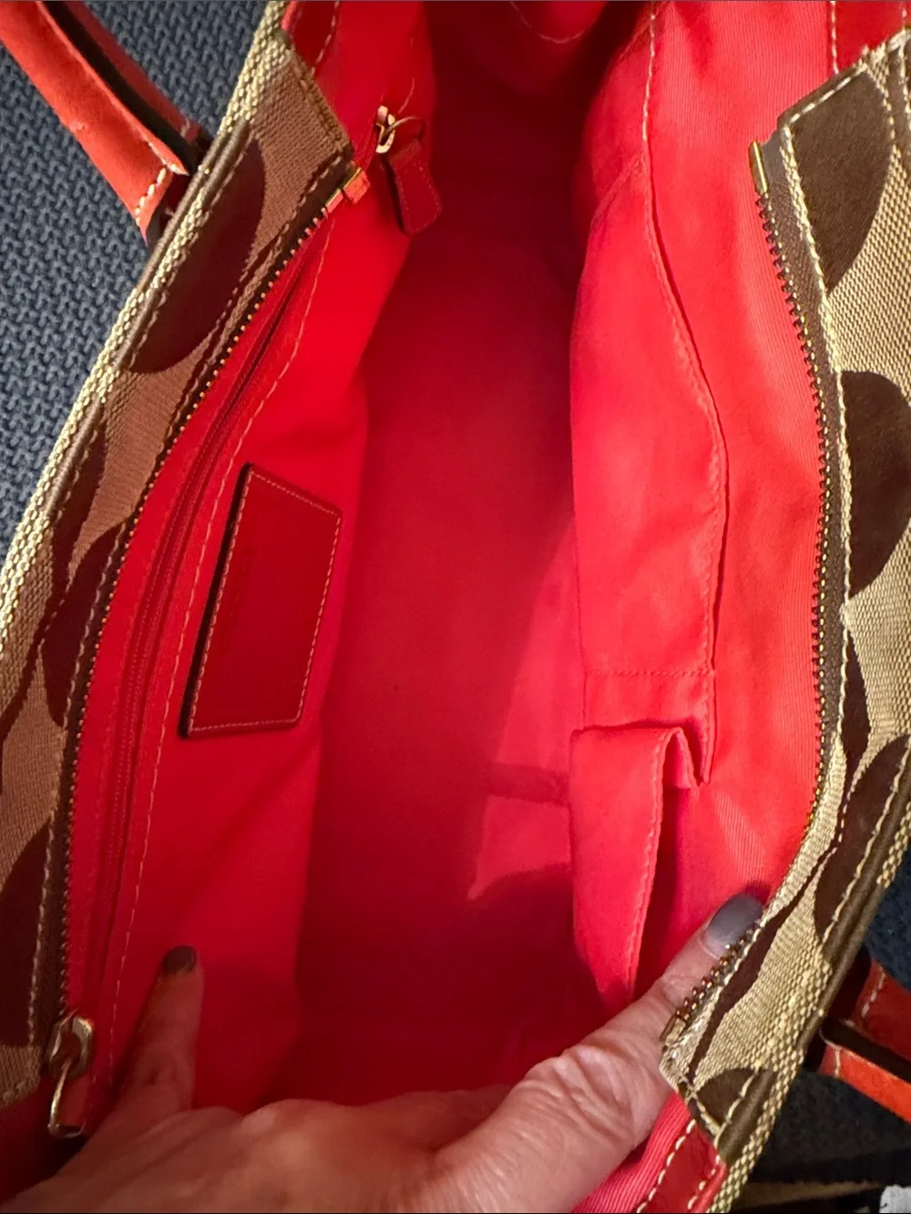Coach Beige Signature Satchel with Coral Leather Trim and Coral Scarf